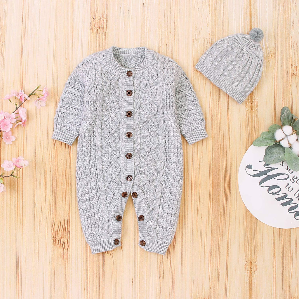 Baby Knitted Outfit Newborn Longsleeve Romper Cotton umpsuit with Warm Hat Set