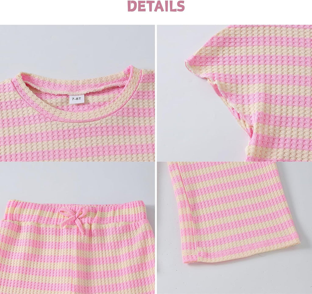 Piece Outfits Short Sleeve Striped Top & Wide Leg Pants Girls Fashion Casual Clothing Set