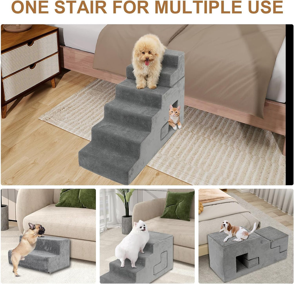 Dog Stairs for Small Dogs 27"H, 6-Step Dog Steps for High Bed, High-Density Foam Pet Stairs with Non-Slip Removable