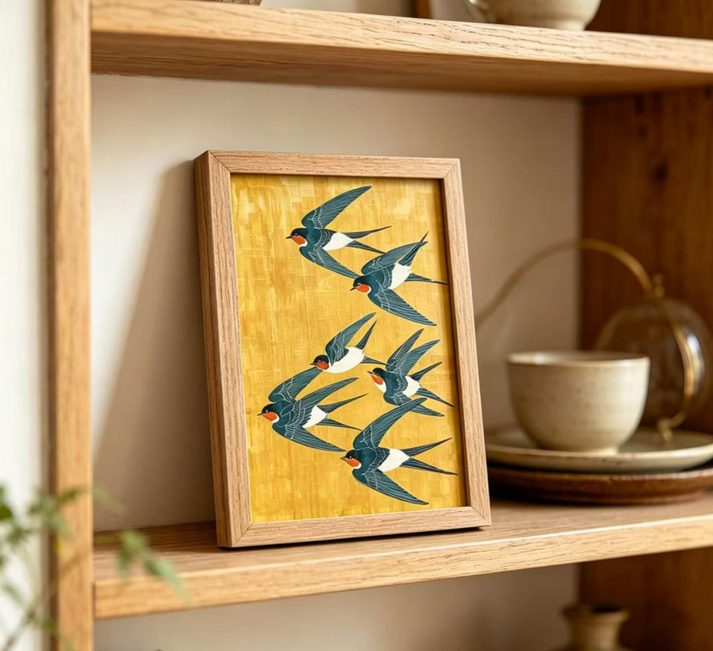 Wood Framed Swallow Wall Art, Vintage Japanese Bird Canvas Print, Japanese Flying Swallow Wall Decor, Cottage