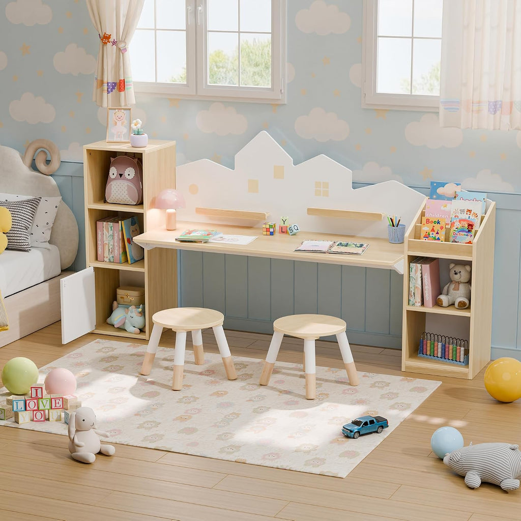 Kids Desk with Bookshelves and 2 Stools, Wooden Kids Desk and Chair Set with 5 Storage Cabinets, Children Writing