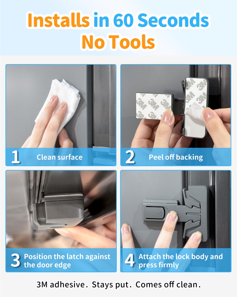 Child Safety Fridge Lock, Auto-Lock, Gray, 2-Pack
