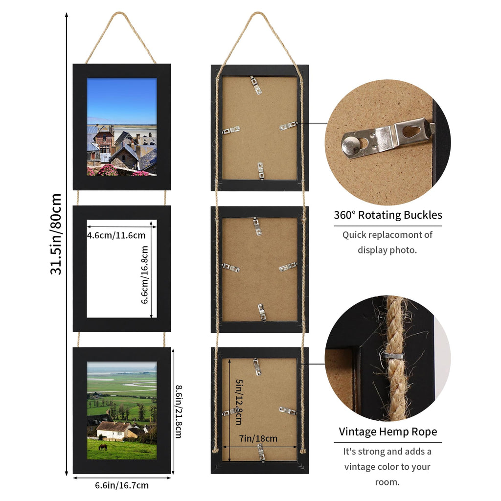 5x7 Picture Frames Collage, Real Glass Wooden Vertical Hanging 3 Opening 5 by 7 Photo Frame, Black, 1 Pack