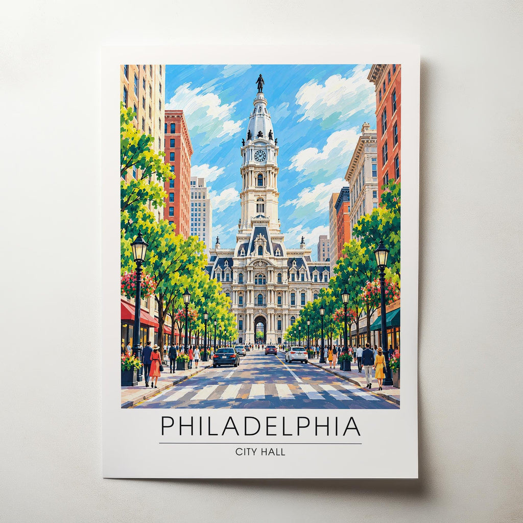 Philadelphia City Hall Travel Poster - Modern Watercolor Aesthetic Wall Decoration, Eclectic Trendy Boho Poster