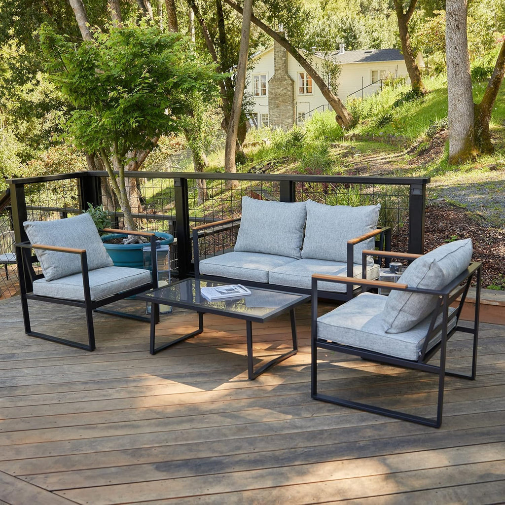 Courtyard Patio Furniture Set, 4-Piece Outdoor Patio Set with Sofa, Removable & Washable Deep Seating Cushion