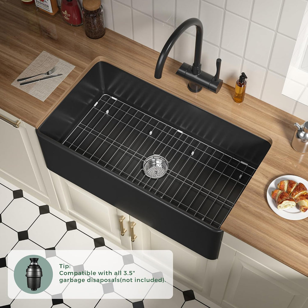 Matte Black Farmhouse Sink 33 Inch Fireclay Apron Front Kitchen Sink | 33"Wx18"Dx10"H Farm Sink Heavy Duty Fireclay