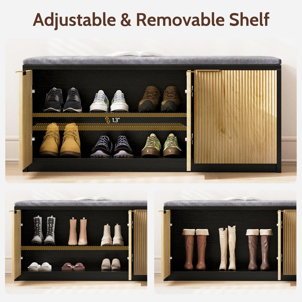 2-Tier Shoe Storage Bench with 3 Doors & Adjustable Shelf, Removable Padded Seat Cushion, 41.3" Entryway Bench - Wood