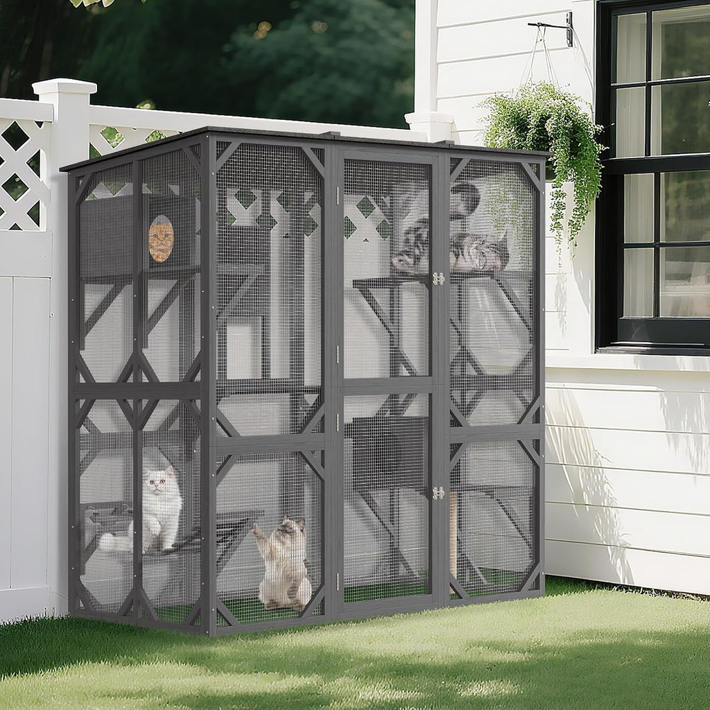 70'' Outdoor Cat Enclosure, Walk-in Catio with 4 Jumping Platforms & 2 Napping Houses, Swing Hammock, Cat House Indoor