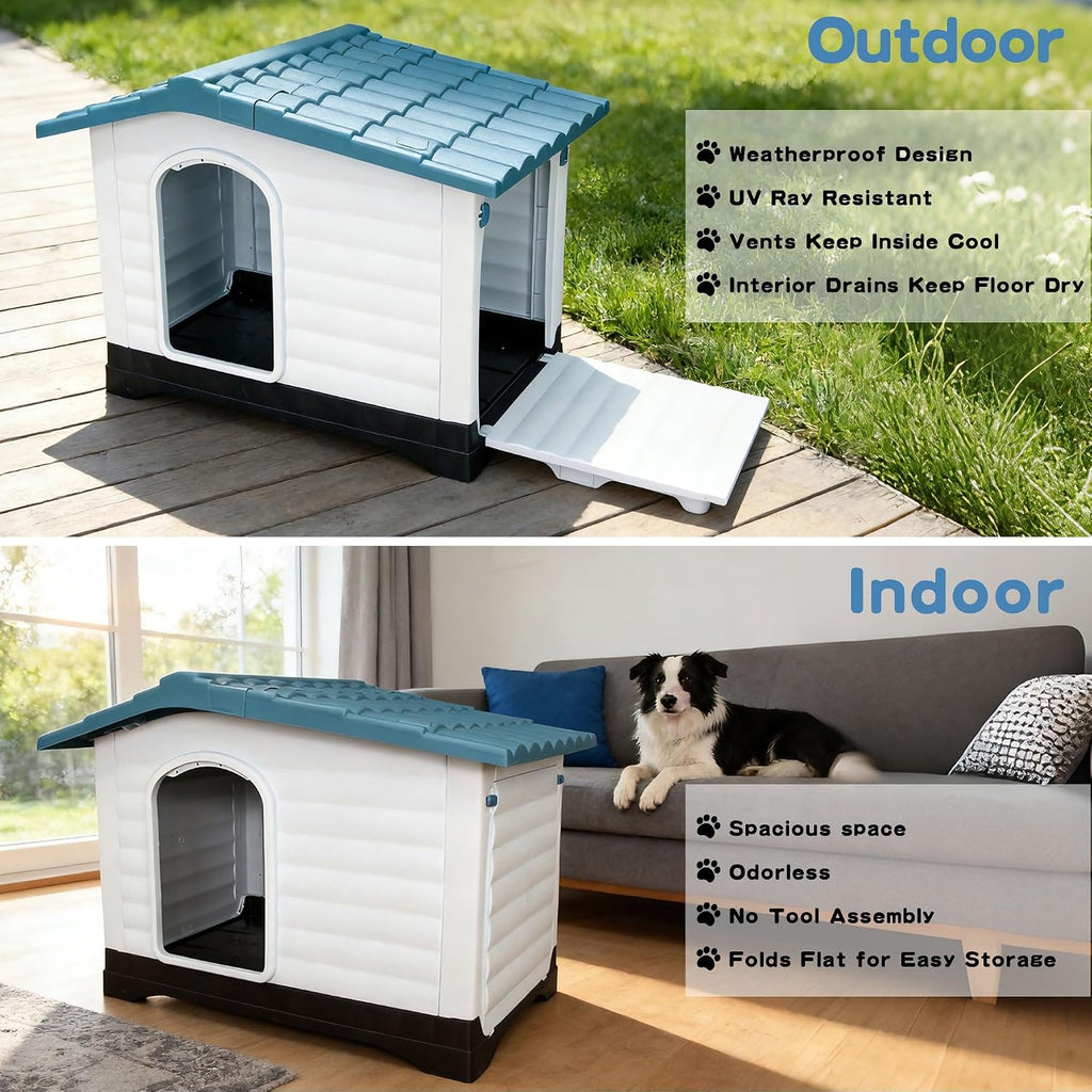 Elevated Weatherproof Plastic Dog House with 2 Doors & Fold-Out Porch - Raised Floor Outdoor Kennel for Large Dogs up