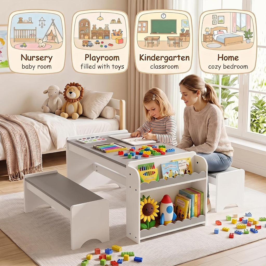 Kids Table and Bench Set, Montessori Kids Table and Chair Set, Indoor Wooden Toddler Activity Table with Bookshelves