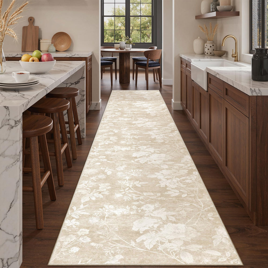 Washable Runner Rug 2x12, Neutral Floral Hallway Runner Rug Beige