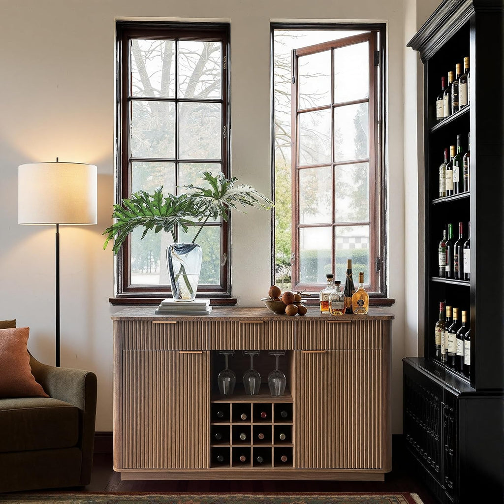 59" Fluted Wine Bar Cabinet, Mid-Century Modern Sideboard, Walnut | Home Bar with Faux Marble Top, 3 Spacious