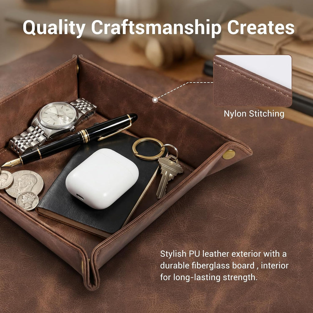 Leather Valet Tray, Premium PU Leather Catch-All Tray for Entryway Table Key, Phone, Wallet, Coins & Jewelry, Bedside