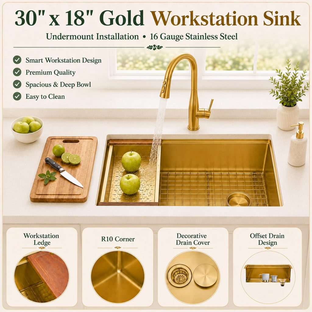 Gold Kitchen Sink Offset Drain, 30"X18" Undermount Single Bowl Sink