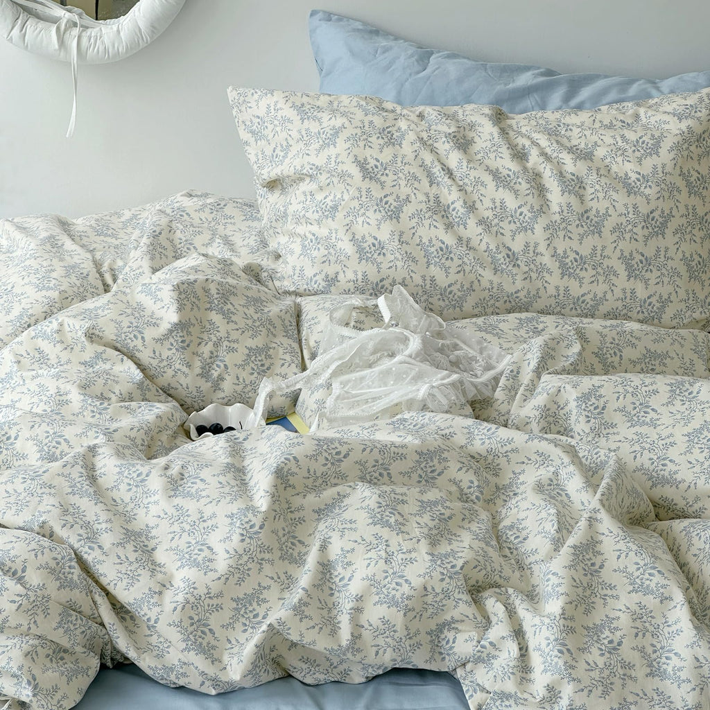 Blue Floral Duvet Cover Twin Size - 100% Cotton Soft Boho Comforter Cover with Zipper Closure 4 Ties, 3-Piece Vintage