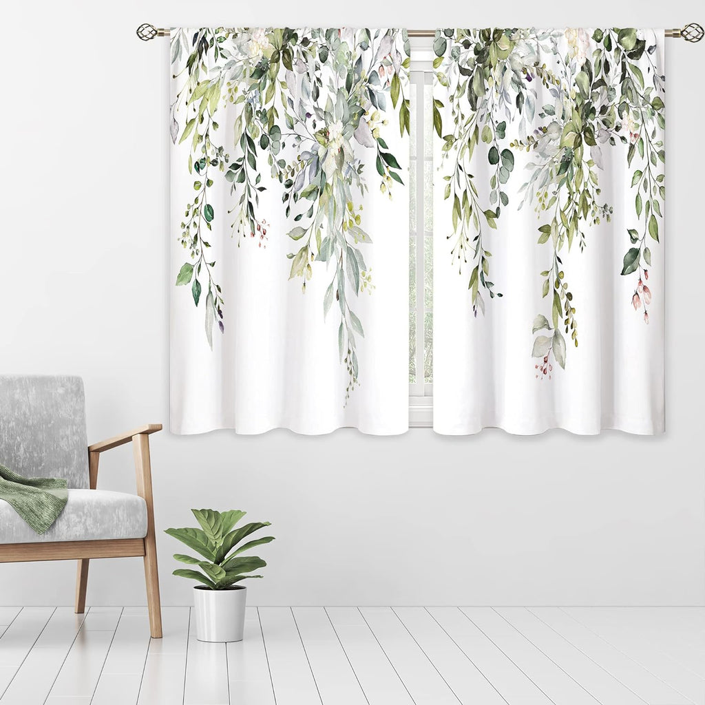Eucalyptus Botanical Leaves Floral Kitchen Window Curtains Over Sink Boho Farmhouse Flower Leaf Small Window