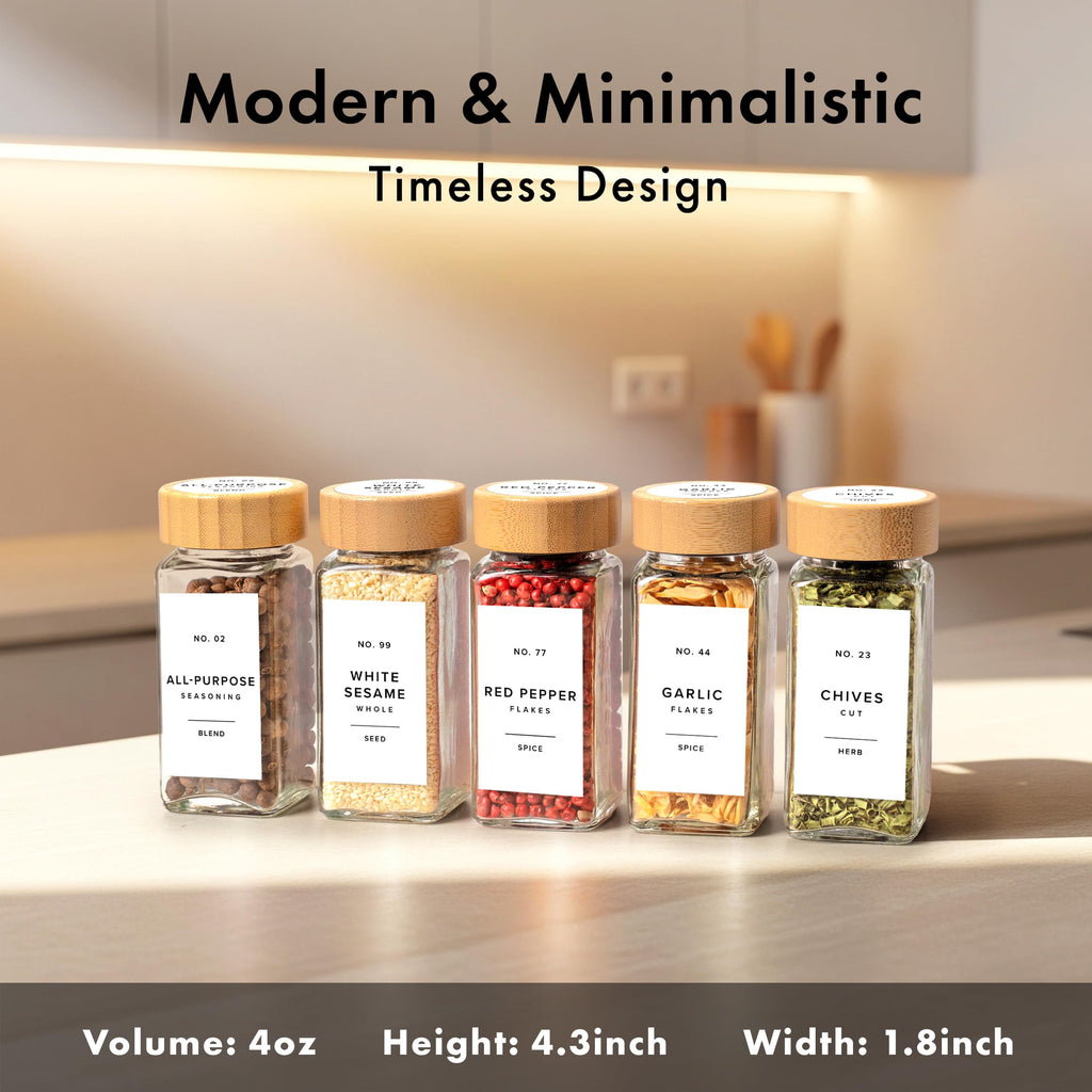 Glass Spice Jars with Label, 24x Bamboo Wooden Lids - White Labels