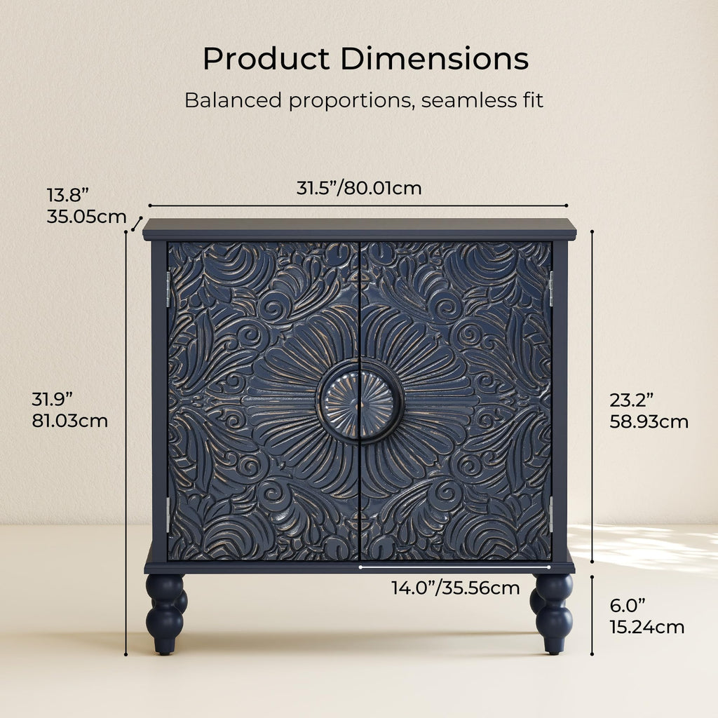 Solid Wood Buffet Cabinet, Accent Cabinet, 2 Carved Doors, Blue