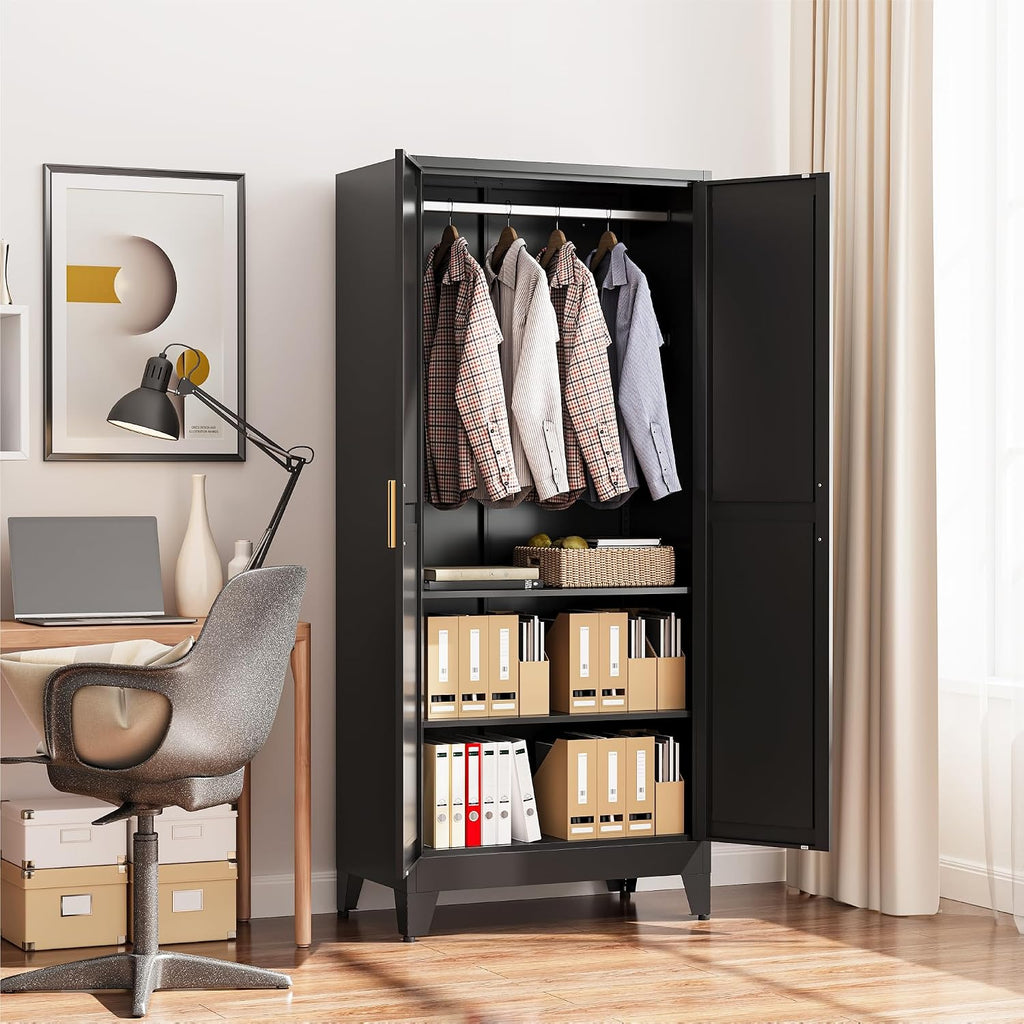 Black Metal Wardrobe Closet 2-in-1 Design, 71" Freestanding Armoire with Adjustable Hanging Rod & Shelves