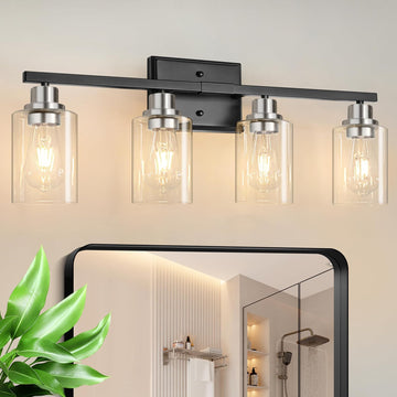 Modern Bathroom Light Fixtures, 4 Light Vanity Lights Over Mirror, Black and Brushed Nickel Wall Lamp with Clear