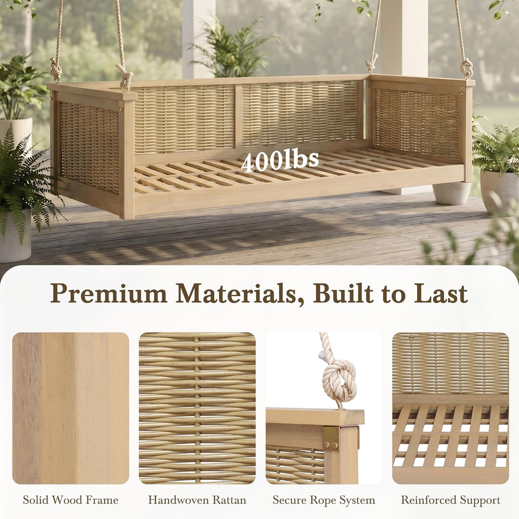 Twin Size Outdoor Porch Swing Bed, Acacia Wood & Rattan Hanging Daybed with Ropes , Backyard & Garden, Light Teak