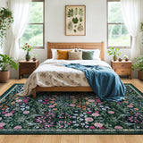 8x10 Green Floral Washable Area Rug, Vintage Boho Non-Slip Carpet for Bedroom Dining Room