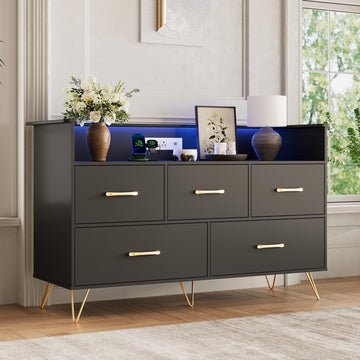 Black Dresser, 47" Wide Chest of Drawers with LED Lights, Charging Station & 5 Smooth-Sliding Drawers, Modern Wood