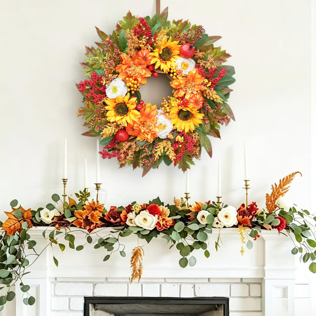 Fall Wreaths for Front Door, 24 Inch Autumn Wreath Luxury Harvest and Thanksgiving Indoor & Outdoor, Fall Door Wreath