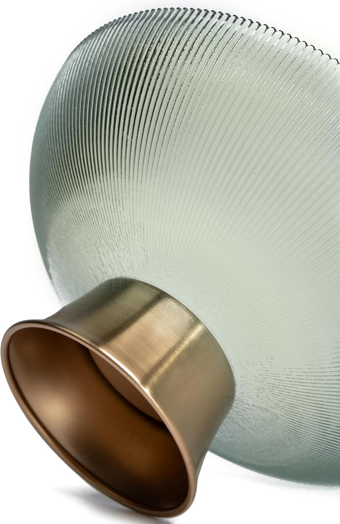 Round Glass Decorative Bowl (Green), 9.8 Inches Handblown Striped Design Glass Bowl with Rust Resistant Metal