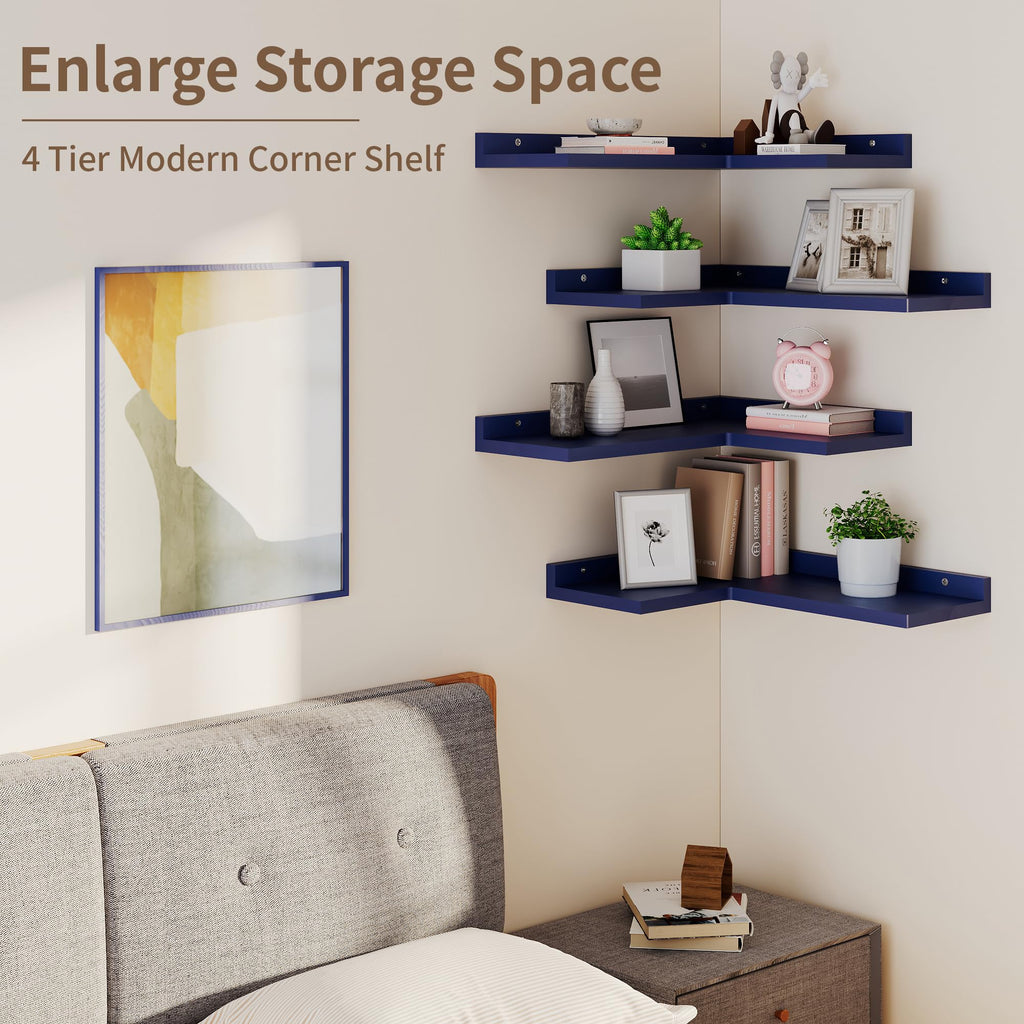 4 Tier Floating Shelves - Navy Blue Set of 4, Rustic Pine Wooden L Shaped Corner Wall Shelf for Wall Decor Storage