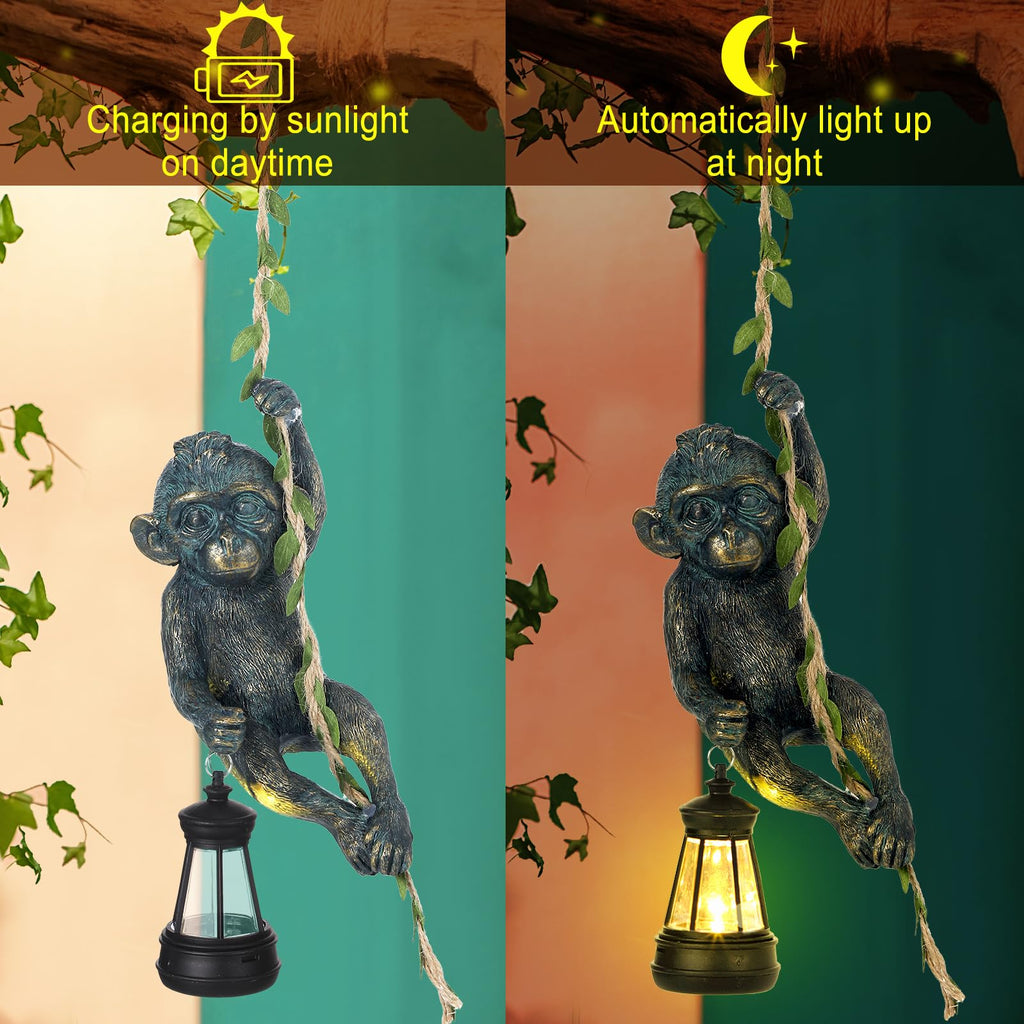 Bronze Solar Monkey Statue, 7.48 inch Resin Chimp with LED Lantern
