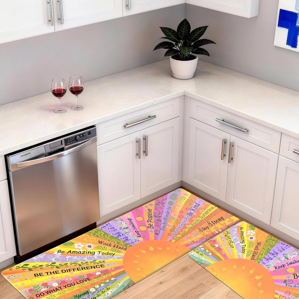 Boho Kitchen Mats for Floor Floral Cushioned Anti Fatigue Mats Floor for Sink, Stove, Desk, Laundry,17"x30"+17"x47"