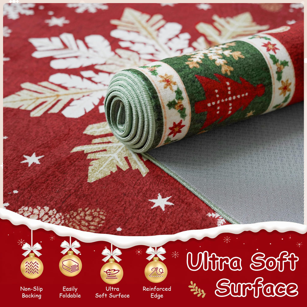 Christmas Red Snowflake Medallion Xmas Washable Entryway Rug