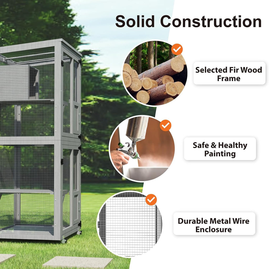 4 Tier Catio Outdoor Cat Enclosure, Indoor Cat House with 4 Wheels