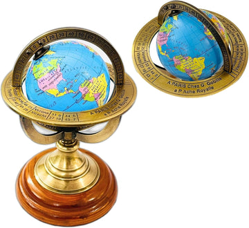 5.10" Nautical Brass Armillary Sphere World Globe with Aqua Blue Map, Brown Wooden Base - Elegant, Durable Decor or