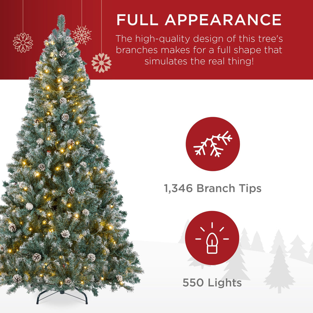 7.5ft Pre-Lit Pre-Decorated Pine Artificial Christmas Tree w/ 1, 346 Flocked Frosted Tips, 80 Pinecones, 550 Lights