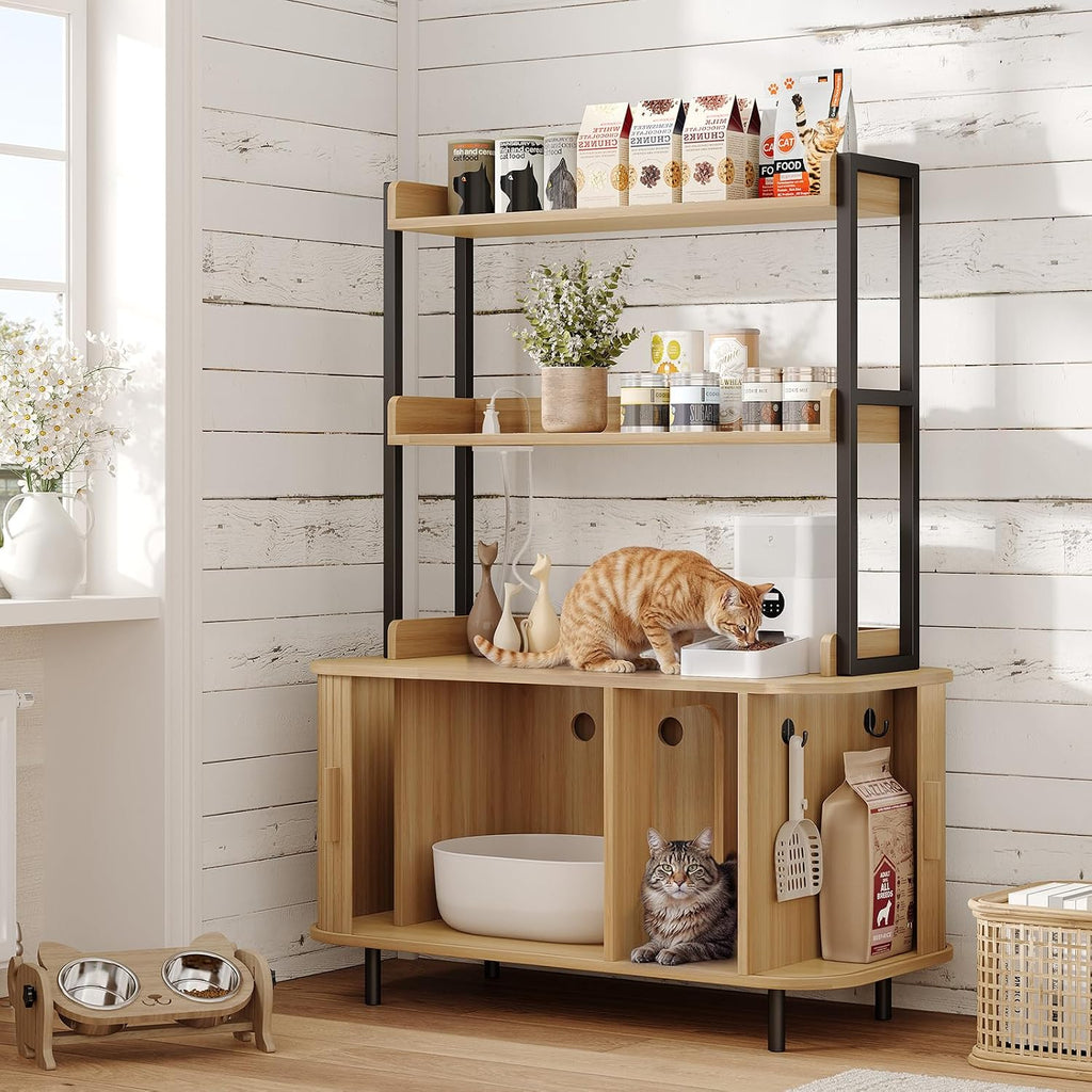 54 in Cat Litter Box Enclosure with Shelves&Charing Station, Oak