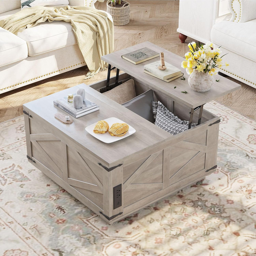 Farmhouse Lift Top Coffee Table, Square Wood Center Table with LED Lighting, USB-C Charging Station