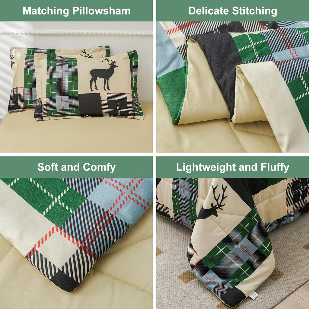 Comforter Set Plaid Patchwork Comforter Bedding-7 Piece Bed in a Bag, Rustic Soft Reversible Microfiber