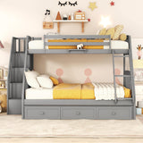 Wooden Twin Over Full Stairway Bunk Bed with Three Storage Drawer, Storage Staircase