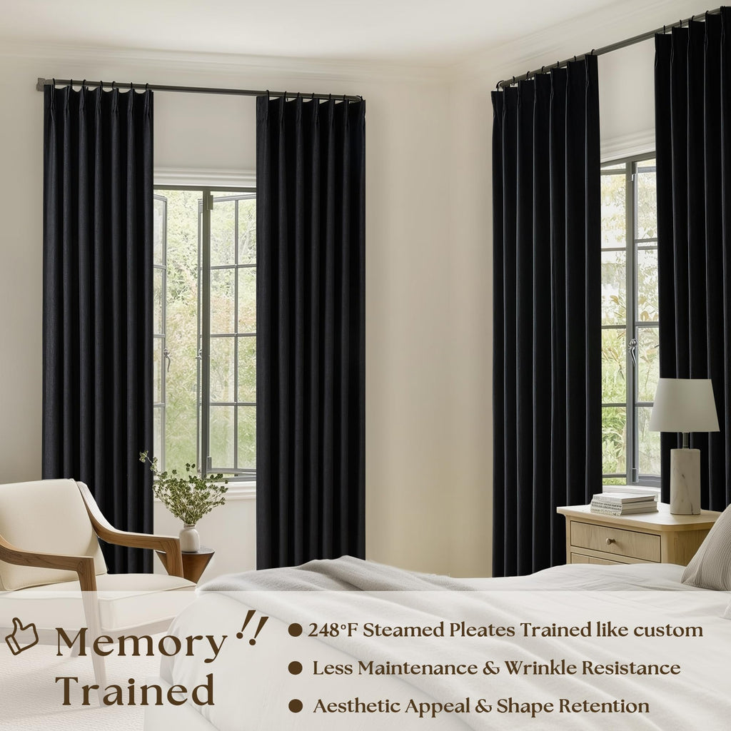 Black 100% Blackout Pinch Pleat Linen Curtains 108 Inches Long