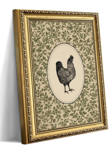 Gold Framed Vintage Wall Art, Kitchen Wall Decor, Chicken Hen Canvas Print, Green Botanical Floral Picture Painting