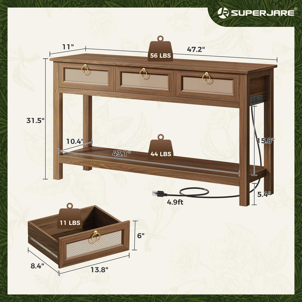 Rattan Console Sofa Table with Outlets, USB-C Port and 3 Drawers