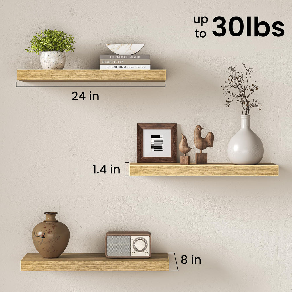 24 Inch Floating Shelves - 8 Inch Deep Rustic Oak Wooden Wall Shelves - Extra Deeper & Thicker Wall Mounted Storage