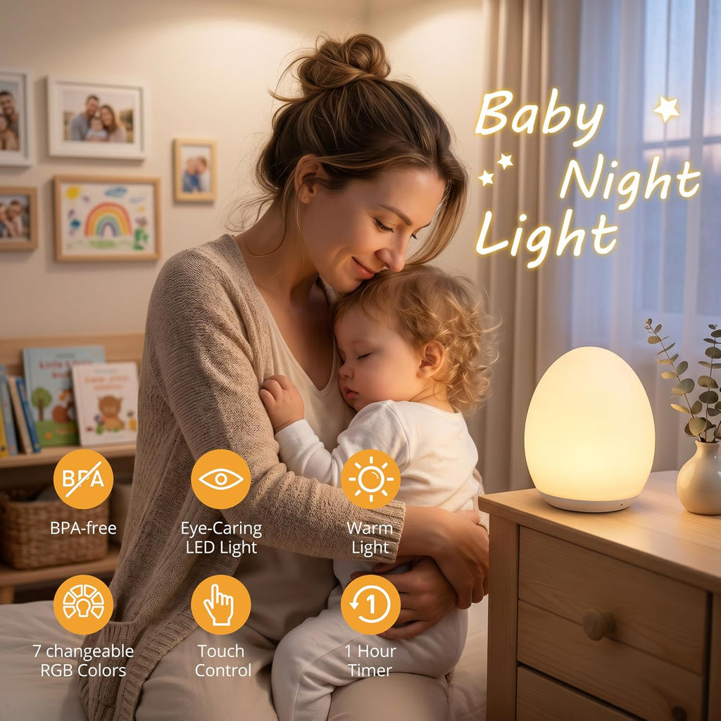 Egg Light, 7 RGB Colors, Dimmable Touch Control Night Light for Kids, Wood