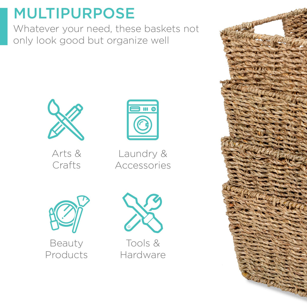 Rustic Set Of 4 Multipurpose Stackable Seagrass Storage Basket, Handwoven Laundry Organizer Totes, Shelves, Pantry