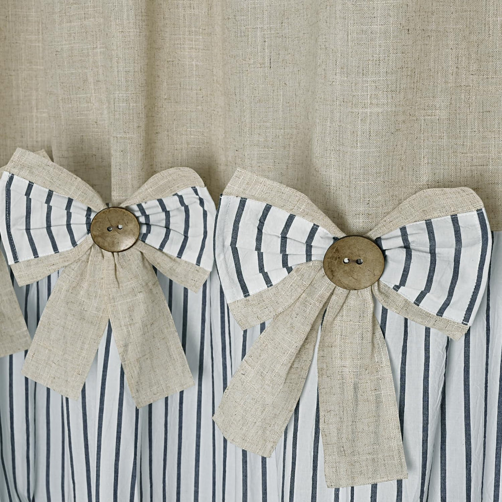 Ides Linen Button Farmhouse Beige with Bowknot, Linen and Cotton Woven Fabric, Pleated Blue Stripe, Country Style