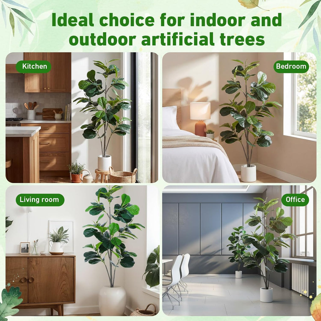 Artificial Fiddle Leaf Fig Tree 5ft Tall Artificial Plants Indoor Fake Ficus Lyrata with White Planter Faux - Set of 2