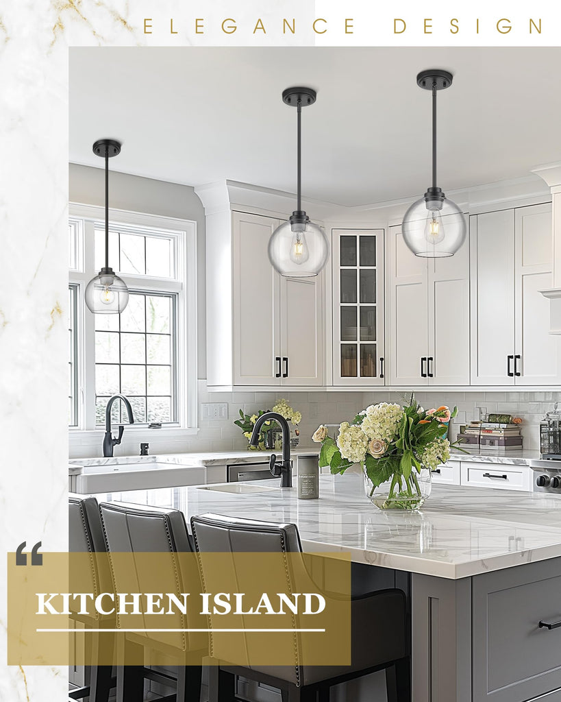 Black Pendant Lights Kitchen Island, 8" Pendant Light Fixtures with Globe Clear Glass Shade, Modern Kitchen Island