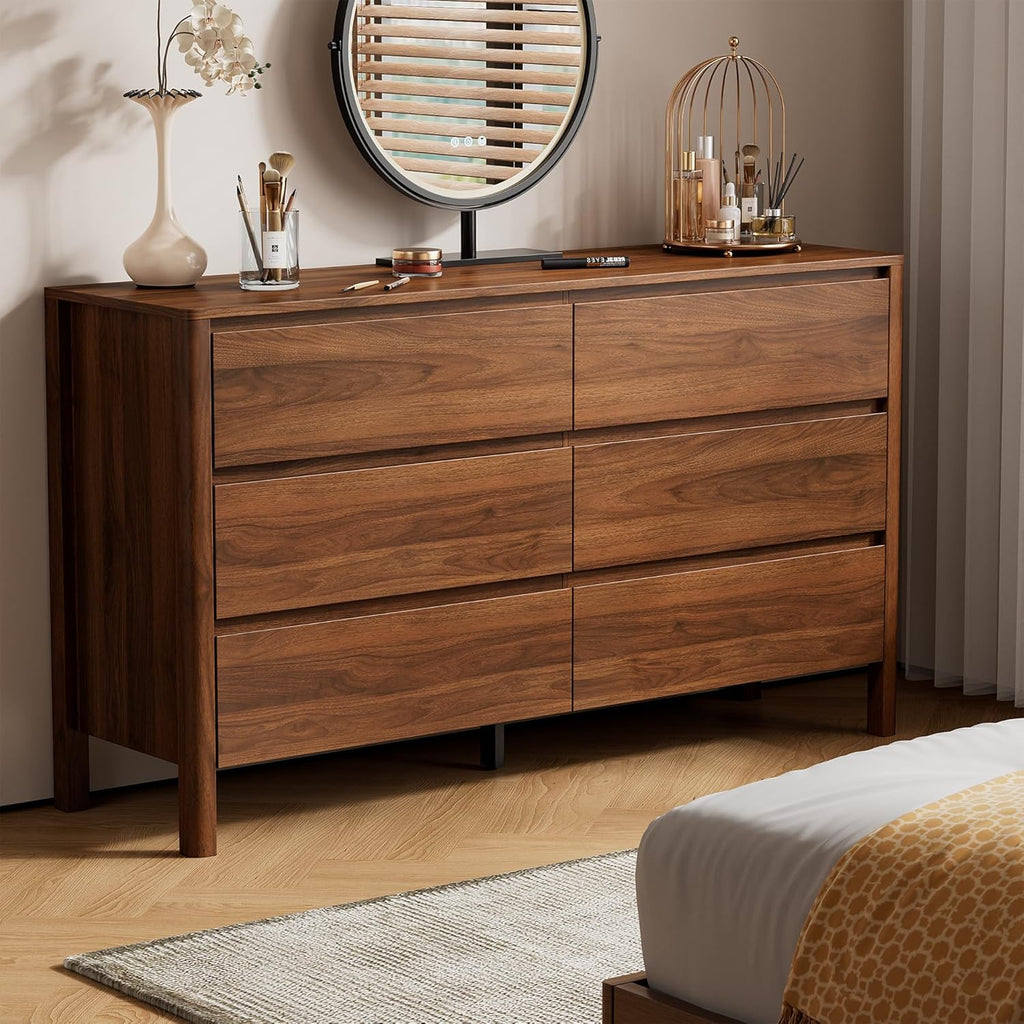 55" Mid-Century Modern Dresser , 6 Drawer Wide Chest of Drawers with Wood Legs, Large Storage Bedroom Dresser, Walnut
